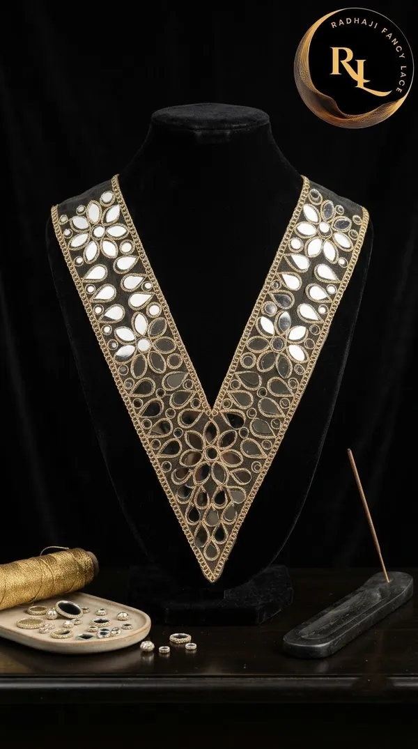 Designer_Gold_Floral_Mirror_Work_V-Neck_Patch_for_Suit,_Kurti,_and_Blouse_Embellishment