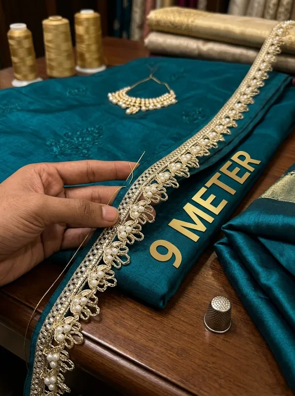 Elevate_your_ethnic_creations_and_boutique_collections_with_this_luxurious_Gold_and_Pearl_Embroidered_Lace_Trim._Showcasing_an_intricately_woven_metallic_gold_base_embellished_with_delicate_pearl_clusters_and_scalloped_loops,_this_designer_border_adds_royal_sophistication_to_any_garment.