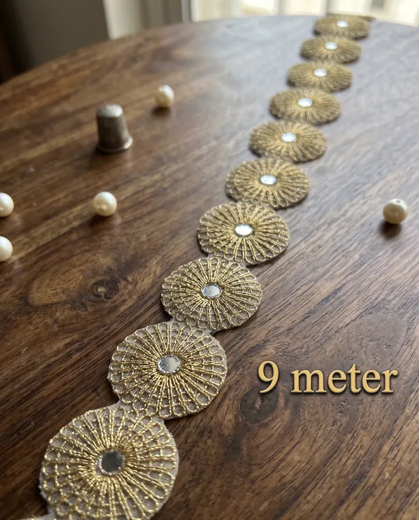 Enhance_your_ethnic_creations_with_this_striking_9-meter_gold_lace_border,_featuring_a_continuous_chain_of_ornate,_circular_floral_medallions_embedded_with_central_mirrors._Perfect_for_adding_traditional_charm_and_rich_texture_to_sarees,_lehengas,_and_festive_outfits,_this_unique_trim_brings_an_exquisite,_eye-catching_finish_to_your_designer_wardrobe.