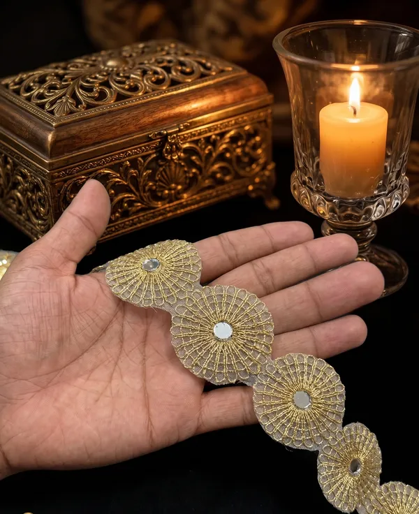 Enhance_your_ethnic_creations_with_this_striking_9-meter_gold_lace_border,_featuring_a_continuous_chain_of_ornate,_circular_floral_medallions_embedded_with_central_mirrors._Perfect_for_adding_traditional_charm_and_rich_texture_to_sarees,_lehengas,_and_festive_outfits,_this_unique_trim_brings_an_exquisite,_eye-catching_finish_to_your_designer_wardrobe.