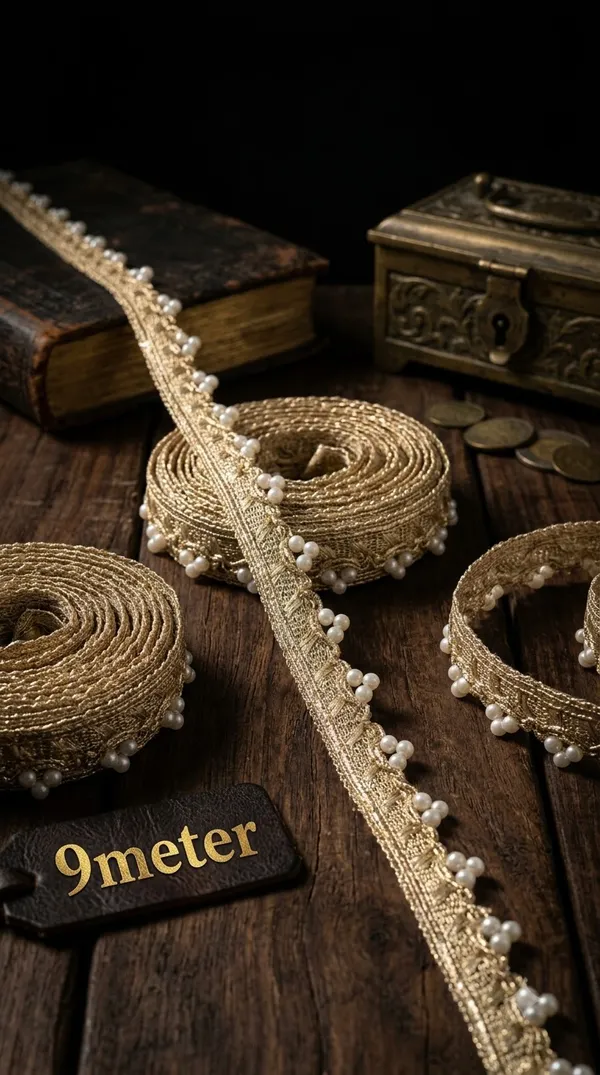Enhance_your_ethnic_fashion_creations_and_designer_collections_with_this_magnificent_Gold_and_Pearl_Cluster_Lace_Trim._Expertly_crafted_with_a_shimmering_metallic_gold_woven_base_featuring_a_delicate_scalloped_edge,_this_designer_border_is_embellished_with_charming_clusters_of_round_white_pearls_for_an_opulent_finish.