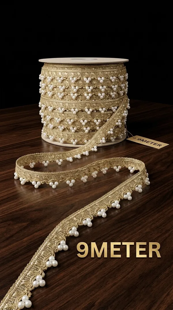 Enhance_your_ethnic_fashion_creations_and_designer_collections_with_this_magnificent_Gold_and_Pearl_Cluster_Lace_Trim._Expertly_crafted_with_a_shimmering_metallic_gold_woven_base_featuring_a_delicate_scalloped_edge,_this_designer_border_is_embellished_with_charming_clusters_of_round_white_pearls_for_an_opulent_finish.
