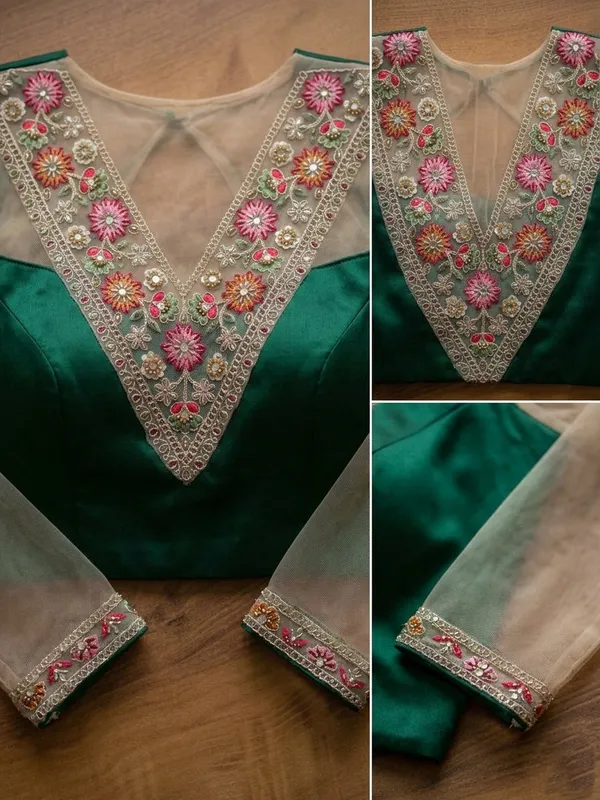 Exquisitely_crafted_net_neck_patch_and_border_set_featuring_vibrant_multi-colored_floral_embroidery,_delicate_threadwork,_and_shimmering_mirror_accents_on_a_sheer_beige_base._Perfect_for_adding_a_designer_touch_to_ethnic_blouses,_kurtis,_and_custom_garments.