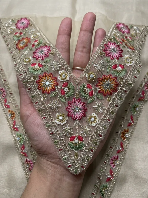 Exquisitely_crafted_net_neck_patch_and_border_set_featuring_vibrant_multi-colored_floral_embroidery,_delicate_threadwork,_and_shimmering_mirror_accents_on_a_sheer_beige_base._Perfect_for_adding_a_designer_touch_to_ethnic_blouses,_kurtis,_and_custom_garments.