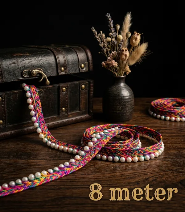 Infuse_vibrant_energy_and_intricate_texture_into_your_ethnic_garments_with_this_stunning_Multicolored_Braided_Pearl_Lace_Trim._Featuring_a_tightly_woven_chevron_and_herringbone_pattern_in_a_rich_palette_of_pink,_yellow,_orange,_turquoise,_and_purple_threads,_this_designer_border_is_finished_with_a_neat_row_of_classic_white_pearls_along_the_edge.