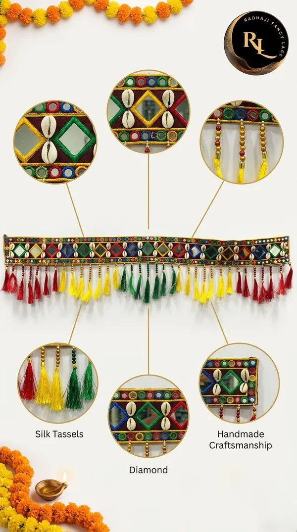 Mirror_and_Cowrie_Shell_(Kavdi)_Door_Toran_/_Bandhanwar_with_Vibrant_Tassels_and_Marigold_Side_Hangings