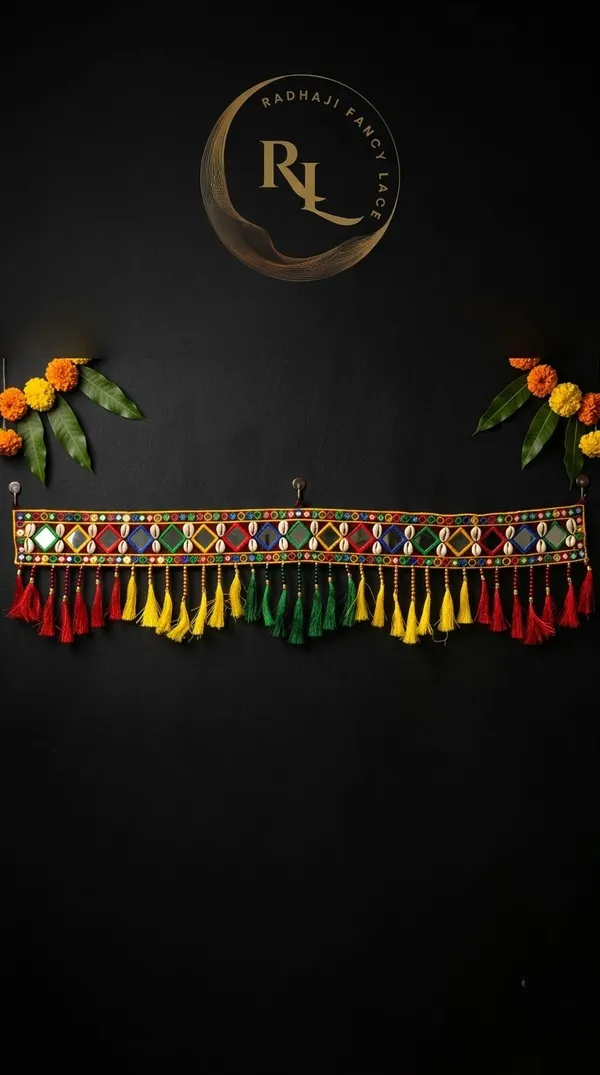 Mirror_and_Cowrie_Shell_(Kavdi)_Door_Toran_/_Bandhanwar_with_Vibrant_Tassels_and_Marigold_Side_Hangings