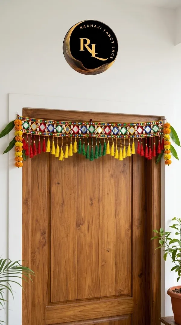 Mirror_and_Cowrie_Shell_(Kavdi)_Door_Toran_/_Bandhanwar_with_Vibrant_Tassels_and_Marigold_Side_Hangings