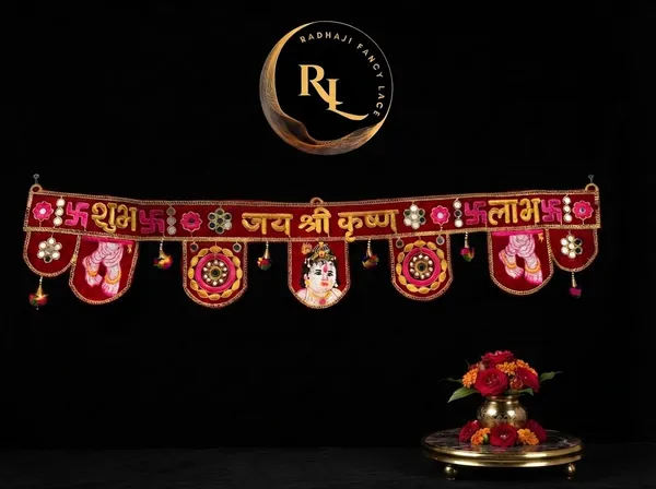 Traditional_Festive_Velvet_Door_Toran_/_Bandhanwar_with_"Shubh_Labh",_"Jay_Shri_Krishna",_Shrinathji,_and_Mirror_Work_Hangings