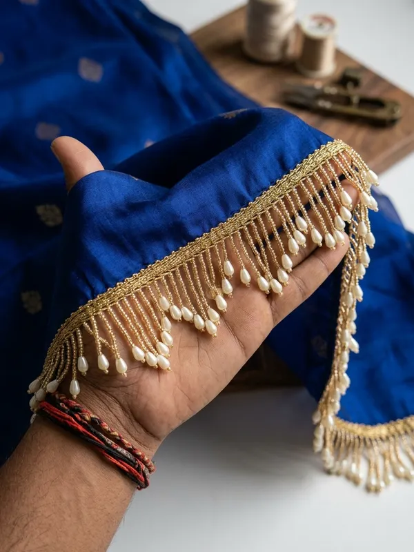 Transform_your_ethnic_wear_and_couture_creations_with_this_exquisite_Radhaji_Fancy_lace_Gold_and_Pearl_Drop_Lace_Trim._Expertly_crafted_with_a_shimmering_gold_woven_base_and_intricate_dangling_teardrop_pearl_fringes,_this_designer_border_brings_timeless_elegance_and_regal_charm_to_any_garment.