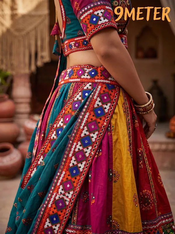 Embroidered_Mirror_Work_Trim_Lace_Border_-_Orange_With_Blue_And_Pink_Motifs