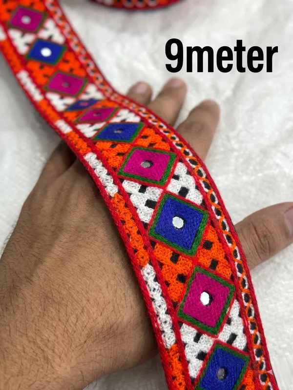 Embroidered_Mirror_Work_Trim_Lace_Border_-_Orange_With_Blue_And_Pink_Motifs