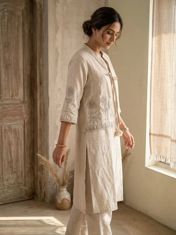 Beige_Linen_Embroidered_Kurta_Set_For_Women