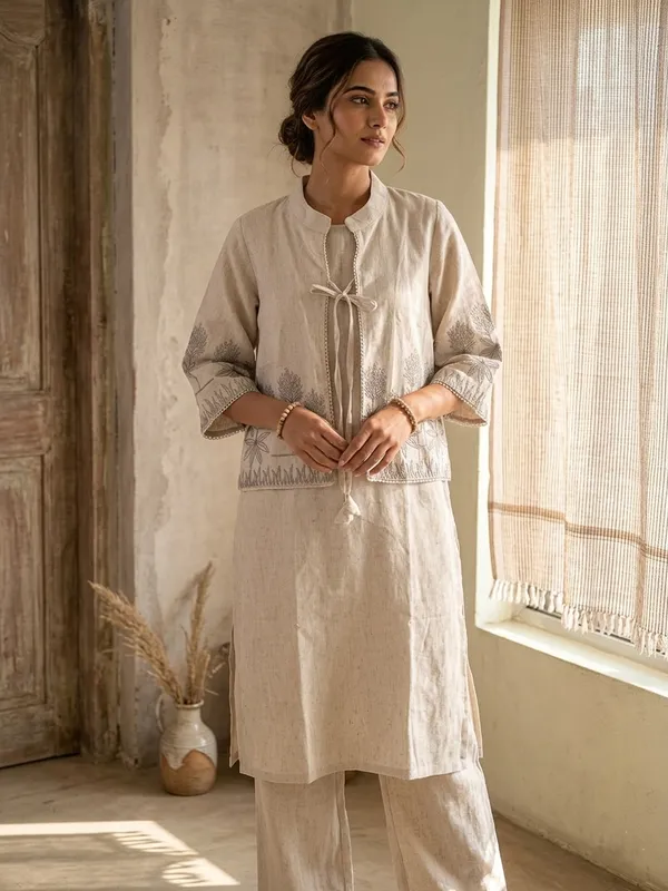 Beige_Linen_Embroidered_Kurta_Set_For_Women
