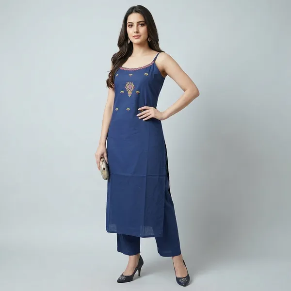 Off_White_And_Navy_Blue_Cotton_Embroidered_Kurta_Set_For_Women