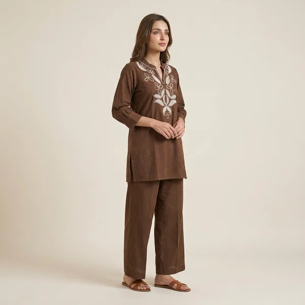 Brown_Cotton_Embroidered_Kurta_Palazzo_Set_For_Women