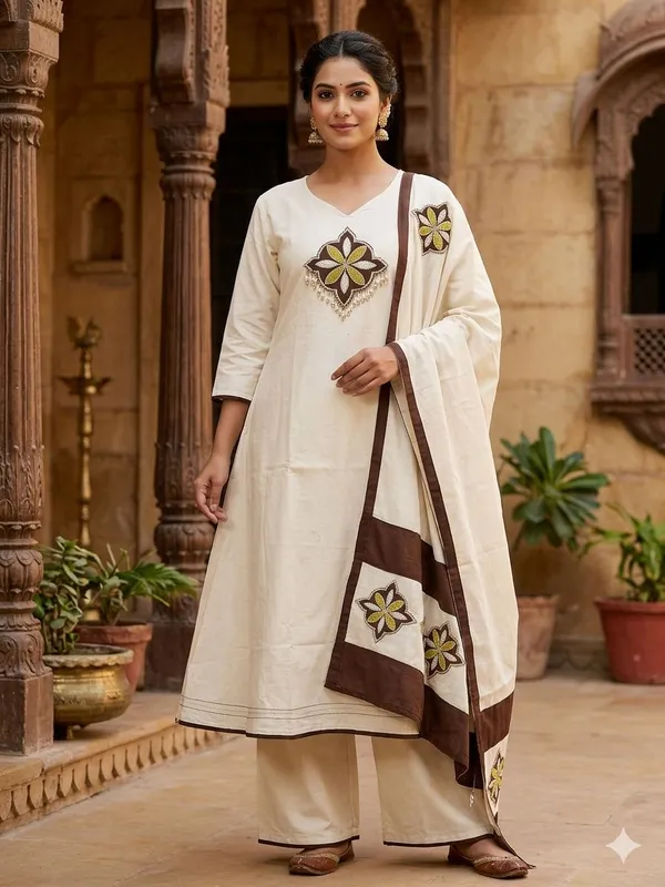 Off_White_And_Navy_Blue_Cotton_Embroidered_Kurta_Set_For_Women