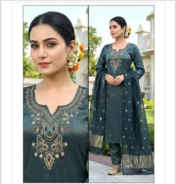 Bottle_Green_Silk_Embroidered_Kurta_Set_With_Palazzo_And_Dupatta_For_Women