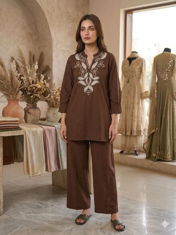 Brown_And_Bottle_Green_Cotton_And_Silk_Embroidered_Kurta_Palazzo_Set_For_Women