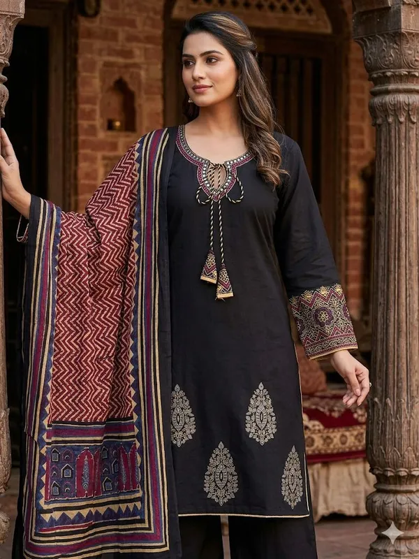 Black_Cotton_Blend_Embroidered_With_Printed_Dupatta_Kurta_Set_For_Women