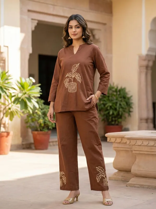 Brown_Cotton_Blend_Embroidered_Co-Ord_Set_For_Women