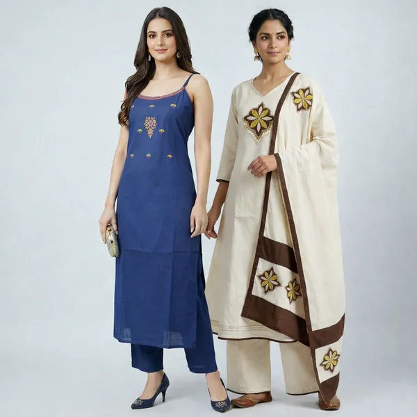 Off_White_And_Navy_Blue_Cotton_Embroidered_Kurta_Set_For_Women