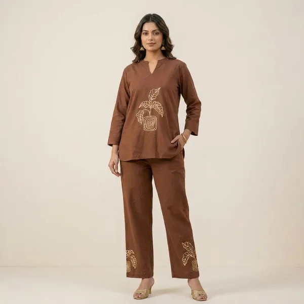 Brown_Cotton_Blend_Embroidered_Co-Ord_Set_For_Women