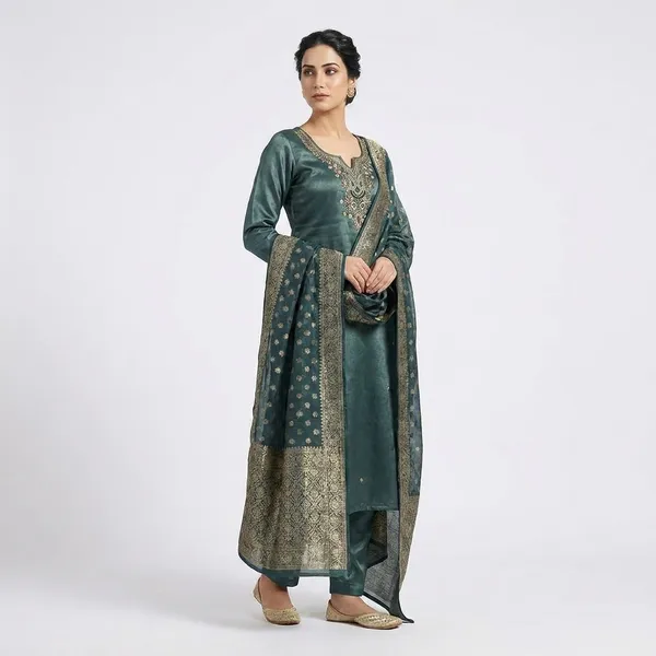 Bottle_Green_Silk_Embroidered_Kurta_Set_With_Palazzo_And_Dupatta_For_Women