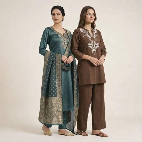 Brown_And_Bottle_Green_Cotton_And_Silk_Embroidered_Kurta_Palazzo_Set_For_Women