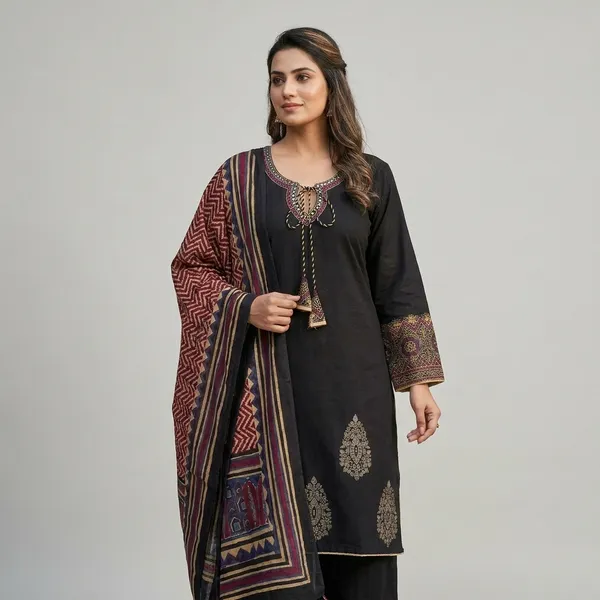 Black_Cotton_Blend_Embroidered_With_Printed_Dupatta_Kurta_Set_For_Women