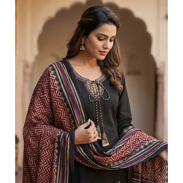 Black_Cotton_Blend_Embroidered_With_Printed_Dupatta_Kurta_Set_For_Women