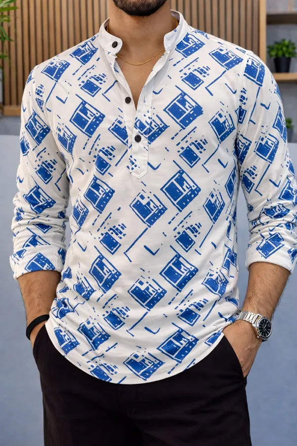 Blue_Cotton_Blend_Mandarin_Neck_Full_Sleeve_Printed_Kurta_Shirt_For_Men