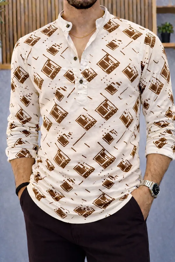Brown_Cotton_Blend_Mandarin_Neck_Full_Sleeve_Printed_Kurta_Shirt_For_Men