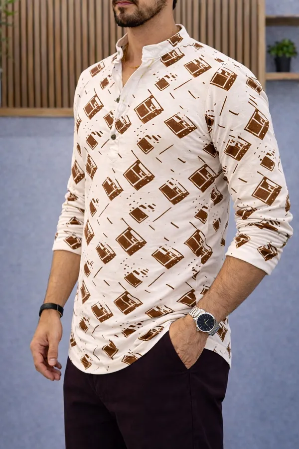 Brown_Cotton_Blend_Mandarin_Neck_Full_Sleeve_Printed_Kurta_Shirt_For_Men