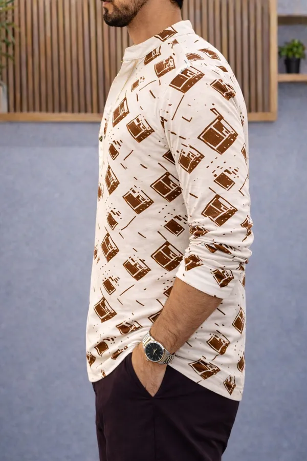 Brown_Cotton_Blend_Mandarin_Neck_Full_Sleeve_Printed_Kurta_Shirt_For_Men