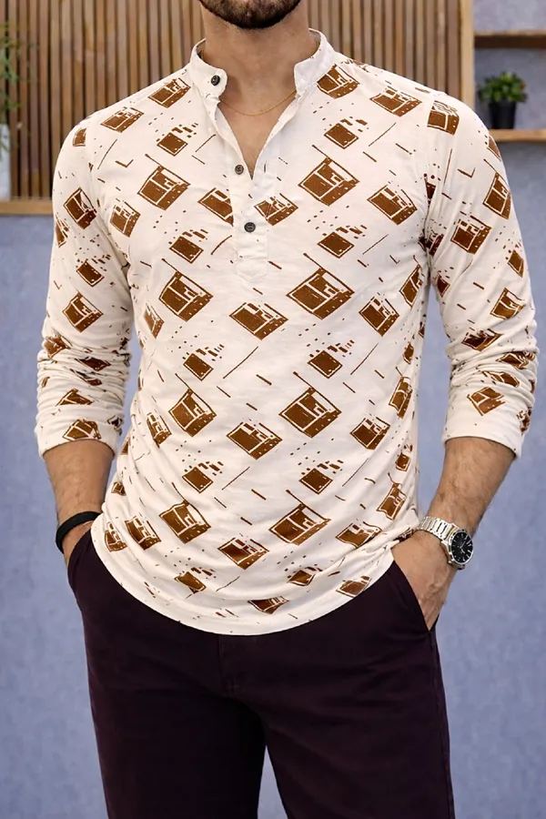 Brown_Cotton_Blend_Mandarin_Neck_Full_Sleeve_Printed_Kurta_Shirt_For_Men