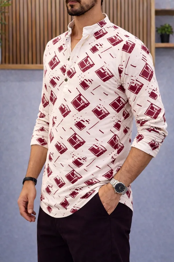 Burgundy_Cotton_Blend_Mandarin_Neck_Full_Sleeve_Printed_Kurta_Shirt_For_Men
