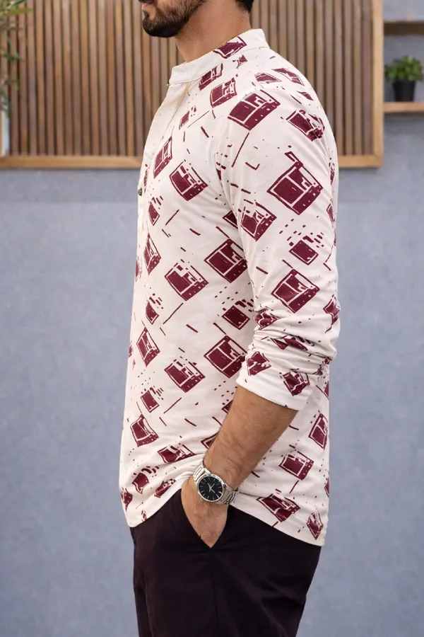 Burgundy_Cotton_Blend_Mandarin_Neck_Full_Sleeve_Printed_Kurta_Shirt_For_Men