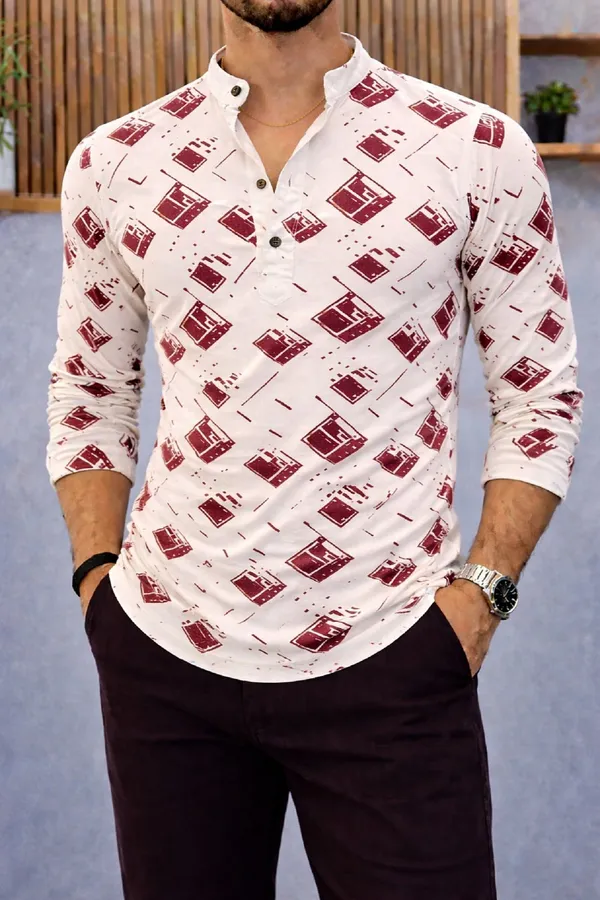 Burgundy_Cotton_Blend_Mandarin_Neck_Full_Sleeve_Printed_Kurta_Shirt_For_Men