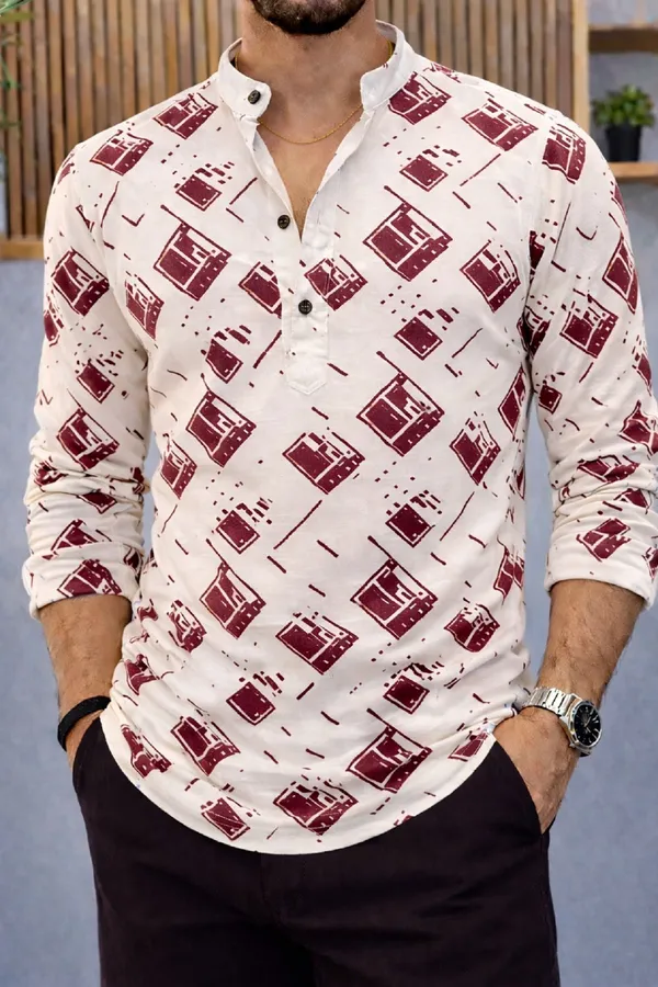 Burgundy_Cotton_Blend_Mandarin_Neck_Full_Sleeve_Printed_Kurta_Shirt_For_Men