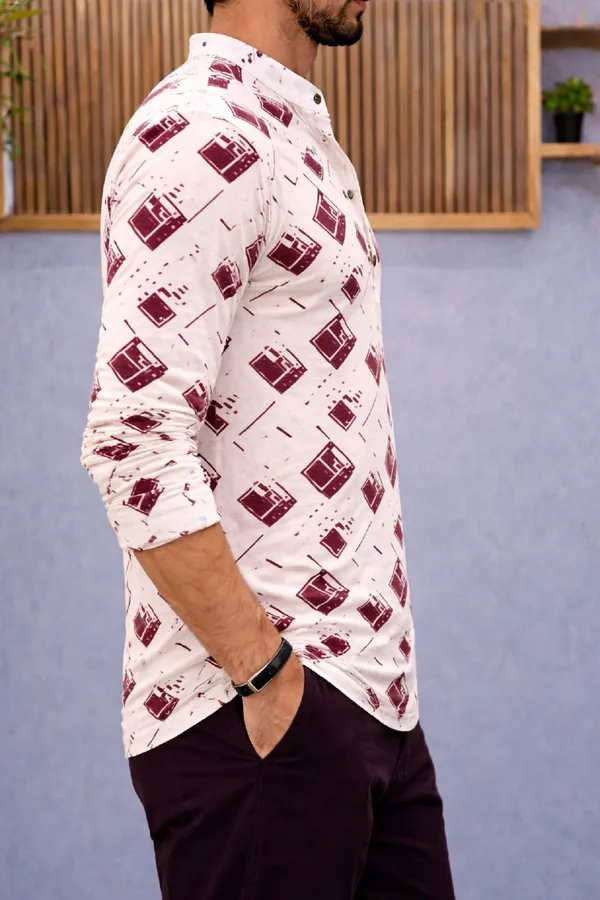 Burgundy_Cotton_Blend_Mandarin_Neck_Full_Sleeve_Printed_Kurta_Shirt_For_Men
