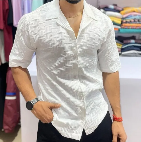 White_Polycotton_Half_Sleeve_Hip_Length_Shirt_For_Men
