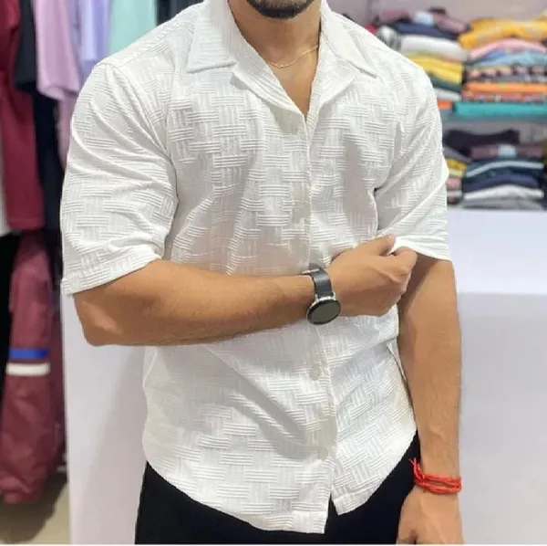 White_Polycotton_Half_Sleeve_Hip_Length_Shirt_For_Men