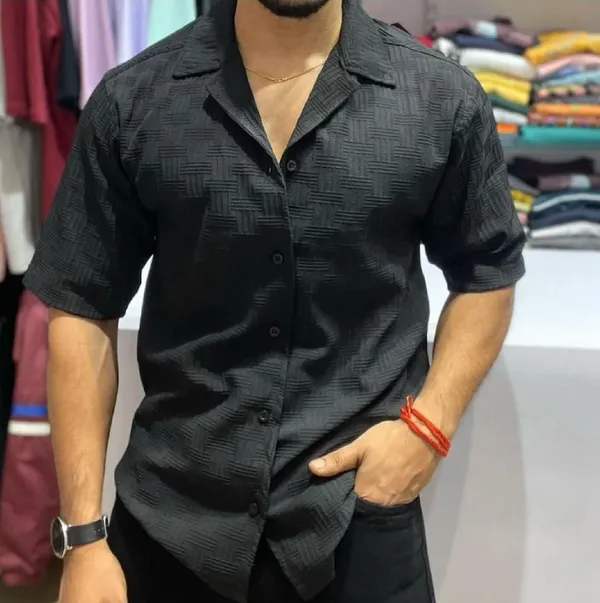 Black_Polycotton_Half_Sleeve_Hip_Length_Shirt_For_Men