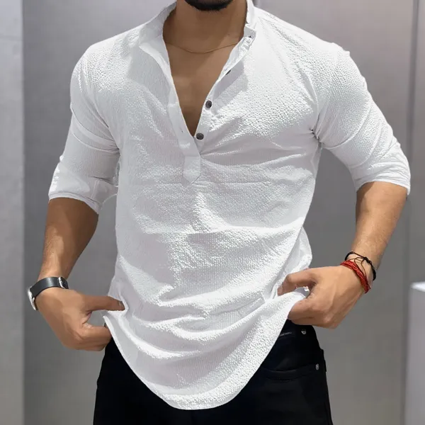 White_Cotton_Blend_Mandarin_Neck_Full_Sleeve_Self_Design_short_kurta_shirt_For_Men