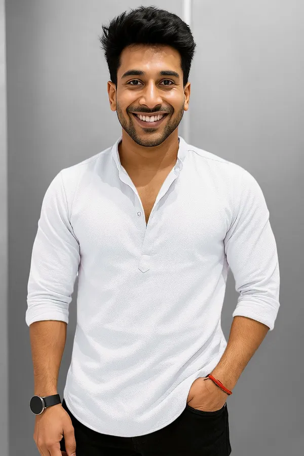 White_Cotton_Blend_Mandarin_Neck_Full_Sleeve_Self_Design_short_kurta_shirt_For_Men