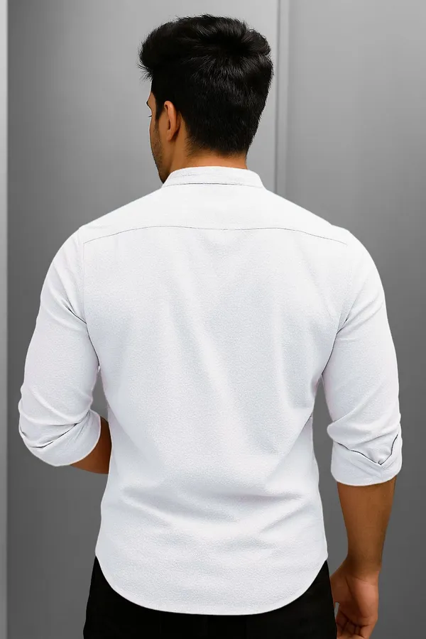 White_Cotton_Blend_Mandarin_Neck_Full_Sleeve_Self_Design_short_kurta_shirt_For_Men