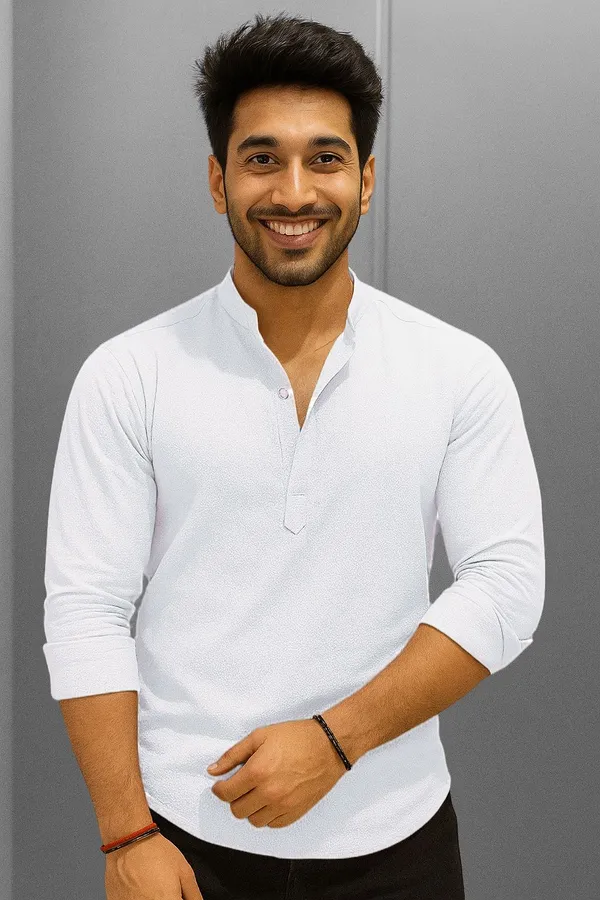 White_Cotton_Blend_Mandarin_Neck_Full_Sleeve_Self_Design_short_kurta_shirt_For_Men