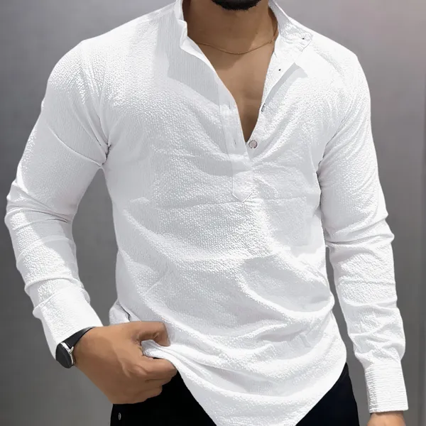 White_Cotton_Blend_Mandarin_Neck_Full_Sleeve_Self_Design_short_kurta_shirt_For_Men