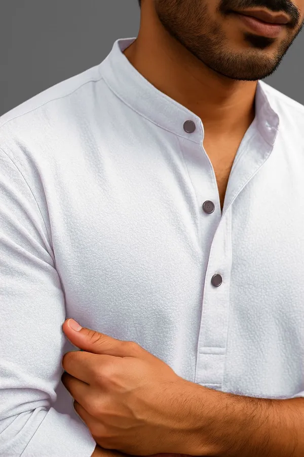 White_Cotton_Blend_Mandarin_Neck_Full_Sleeve_Self_Design_short_kurta_shirt_For_Men